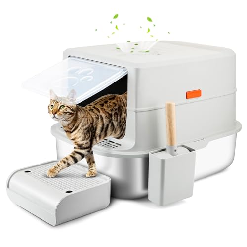 Bartuke Lettiera per Gatti in Acciaio Inox, Chiusa XXL Lettiera Gatto Grande con Pala, Chiusa Antiodore, Facile da Pulire, Toilette Media Grande per Gatti (Grigio Chiar)