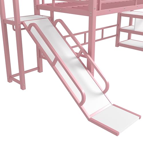 Image of YOPTO Twin House Loft Bed with Slide and Stairs,Metal House-Shaped Roof Playhouse Bed w /Storage Shelves,Noise-Free,for Student Dorms,Studio,Pink