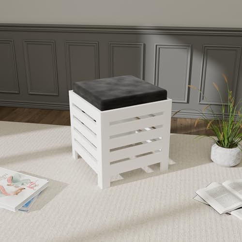 Image of ETIQUETTE ART Cushion Wooden Stool| Foot Stool |Fruit Stool| Square Table| Office Stool| Bedside Table | Cushion Stool | Stool for Kitchen Wooden Stool Cotton Cover (White & Black)