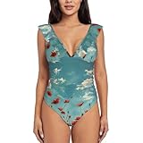 Traje de baño elegante de una pieza con diseño de amapolas en el cielo azul, correa de hombro con volantes, cuello en V, elegante ropa de playa, Negro, S
