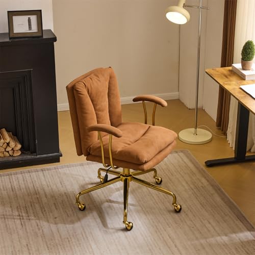 VINGLI Home Office Desk Chair Comfy with wheels&Removable Armrests Gold Base Vanity Chair with Back Adjustable Rolling Swivel Computer Task Chair for Study Makeup Office Bedroom Microfiber/Suede Brown