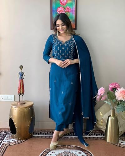 Image of Rainbow Creations Woman's Cotton Blend Kurta Palazzo and Dupatta Set