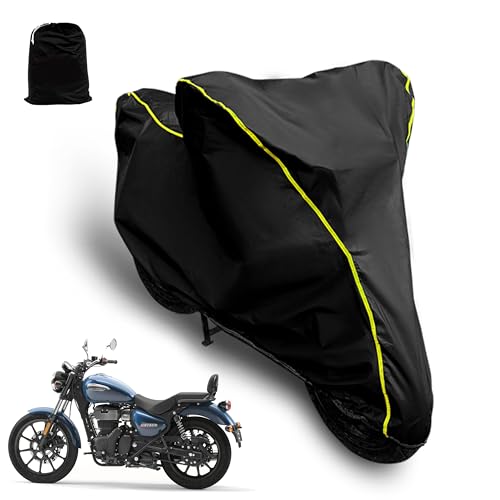 Image of Waterproof Bike Cover Compatible with Royal Enfield Meteor 350 Cover with All Weather Protection and Triple Stitch, Heavy Buckle with Storage Bage & Black with Yellow Piping