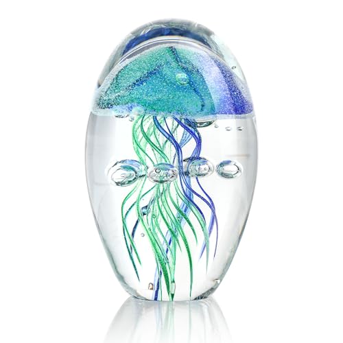 QFkris Hand Blown Glass Jellyfish Paperweight, 3.8" Jellyfish in Glass Decoration, Jelly Fish Figurine Art Decor, for Women