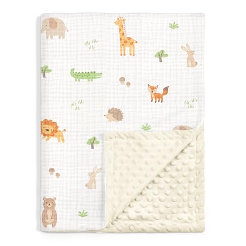Image of Animal Baby Blankets for Boys Girls, Soft Nursery Minky Blankets with Muslin and Dotted Fleece Back 30x40 inches, Receiving Bed Quilt for Newborn, Infants, Toddlers