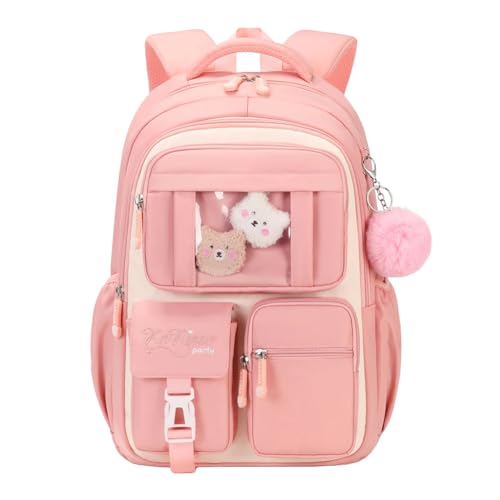 Image of MATMO Multi-Pocket Girls Boys School Backpack Kids Student Bookbag Travel Daypack (Pink with White)