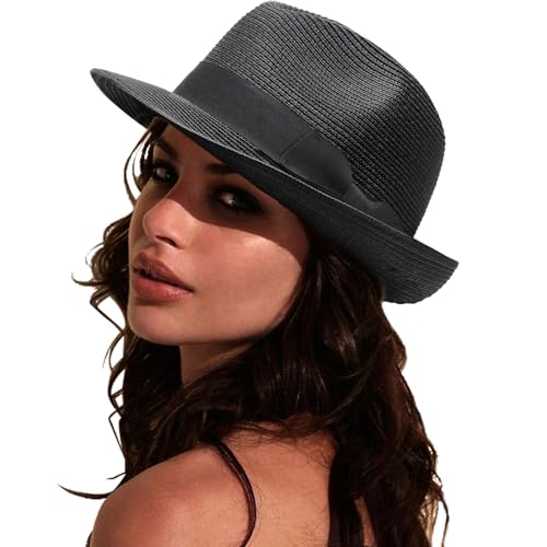 DRESHOW Women Straw Sun Hat Short Brim Panama Travel Fedora Beach Cap Roll up Summer Hat for Women Men UPF 50+