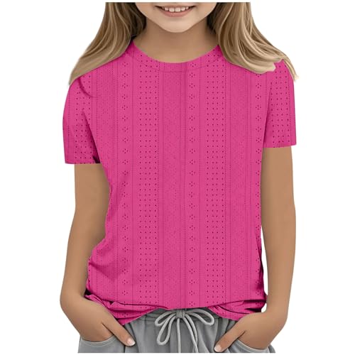 Girl's Eyelets Hollow Tops Kids Basic Solid Crewneck Short Sleeve Tee Shirts Trendy Pullover Casual Loose Cute Blouse
