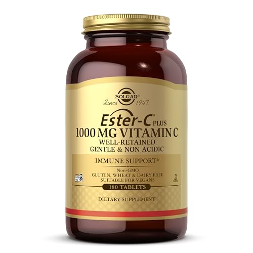 Solgar Ester-C Plus 1000 mg Vitamin C (Ascorbate Complex) - 180 Tablets - Gentle & Non Acidic - Supports Upper Respiratory Health - Non-GMO Gluten-Free - 180 Servings