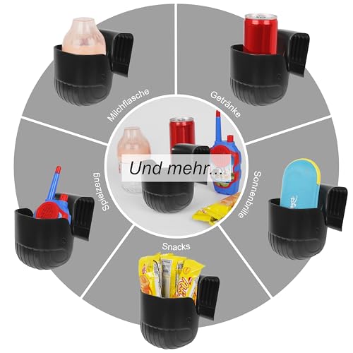 Ihaapsi Universal Becherhalter für Kindersitze & Kinderwagen – Sicherer Getränke- & Snackhalter für Kinder – Passend für die meisten Autositze, Rollstühle & Reisesysteme, 2 Pack (Schwarz)