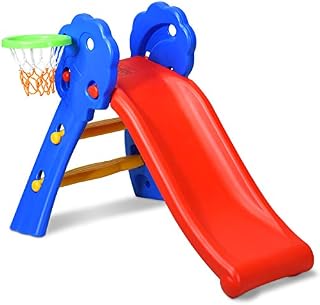 COSTWAY Folding First Slide for Kids | Toddlers | Children, Foldable for Easy Storage, Primary Climb Toy, Safety Plastic, Use for Indoor Outdoor Garden Playground (Slide with Basketball Hoop)