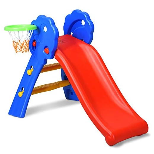 Baby Joy Folding Slide, Indoor First Slide Plastic Play Slide Climber Kids (Floral Rail +Basketball Hoop)