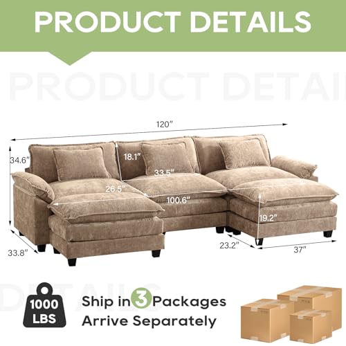 Image of Oprisen 120 inch Modular Sectional Sofa, Comfy Cloud Couch Sectional Sofa with Ottoman, Chenille Sofa Sleeper Deep Seat Sofa with Throw Pillows for Living Room (Khaki, 120 inch- U Shape)