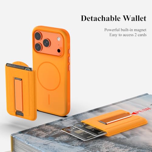 Image of Nvollnoe for iPhone 17 Pro Case with Card Holder & Screen Protector, Compatible with Magsafe, Built-in Kickstand, Detachable Magnetic Wallet Case for iPhone 17 Pro(Orange)