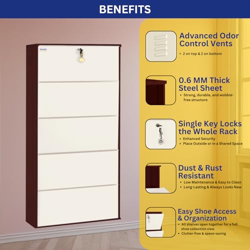 Image of DELITE KOM 29 Inch Wide, 5 Shelf Metal Shoe Rack Wall Mounted for Home with Central Lock | Holds Upto 18 Shoes or 30 Slippers Pair | 1 Year Warranty | (67 x 29 x 5, Coffee Ivory) | DIY | Space Saving