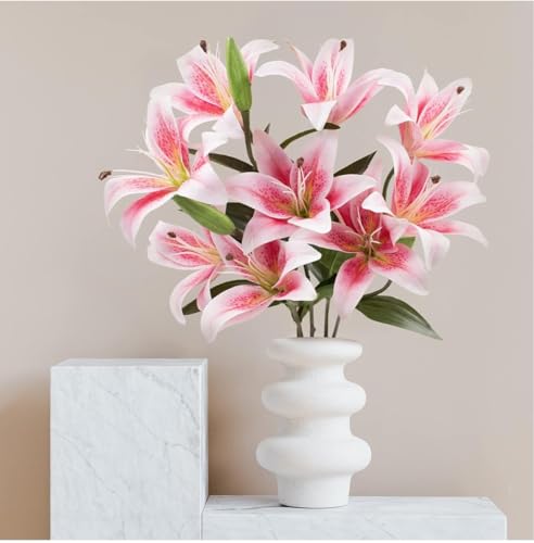 Image of VRB Dec Plastic 1 Pcs (3 Head) Lily Artificial Flowers Bunch Foam Flowers Sticks,Lily Artificial Flowers for Home Decor,Bedroom, Living Room, Table, Balcony, Office, Wedding, Pooja (Pink Color)