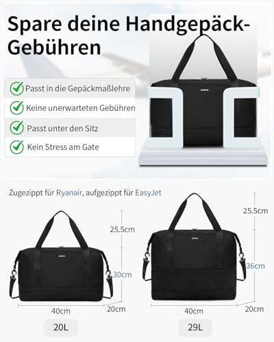 ECOHUB Erweiterbare Ryanair Handgepäck 40x30x20, Handgepäck Tasche 40x20x25 Mit Abnehmbar Nass-Tasche für Flugzeug, Recycelt Reisetasche Handgepäck, Weekender Damen Herren, Patent Anhängig(Schwarz)