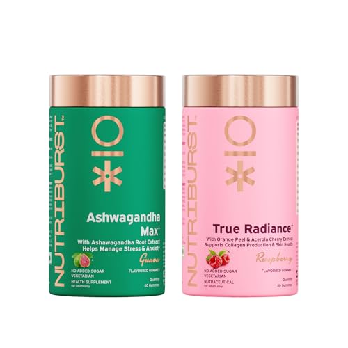 Image of Nutriburst Radiance & Relief Combo: True Radiance Collagen Builder Gummies + Ashwagandha Gummies for Glowing Skin, Stress Relief & Vitality | Supports Beauty & Balance | No Added Sugar (Pack of 2X60)