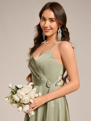 Image of Ever-Pretty Women's Sexy Spaghetti Straps Ruched V Neck Floor Length Satin Formal Dress with Slit 02317