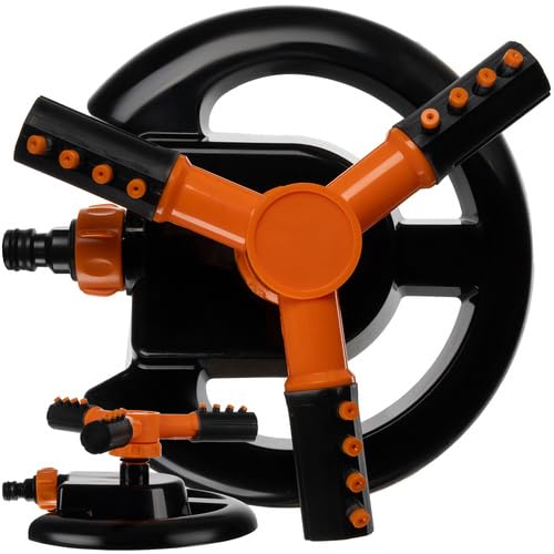 Aspersor De Riego De Césped, Giro Rotativo y 3 Brazos Ajustables, Oscilante, Aspersor Jardín, Rociadores de Riego con 12 Aberturas, Periquitos de Riego, Negro y Naranja
