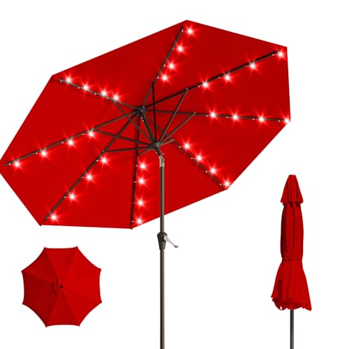 AreShark 9FT Solar Umbrella 32 LED Lighted Patio Umbrella Table Market Umbrella w/Tilt and Crank Outdoor Umbrellas for Garden, Deck, Backyard, Pool and Beach, Bright Red