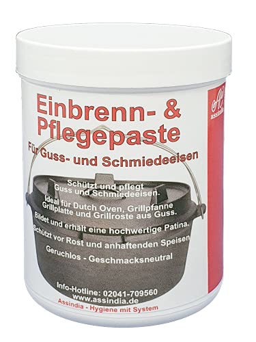 Assindia Einbrenn- und Pflegepaste für Dutch Oven, Guss- und Schmiedeeisen 250ml I Einbrennpaste auch für Grillrost, Grillplatte, Grillpfanne