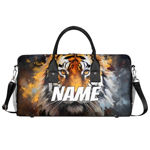 Personalized Wildlife Tiger Travel Duffel Bag with Name, Custom Gym Sport Bag Forest Animal Carry On Weekend Overnight Duffel Bag for Men Women