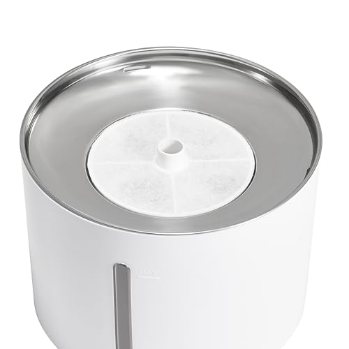 Image of Amazon Basics Large Capacity Pet Water Fountain with Stainless Steel Top, Ultra Quiet, Easy to Clean, BPA Free, 3L, White, 3 Filters Included (White, 3 LTR)
