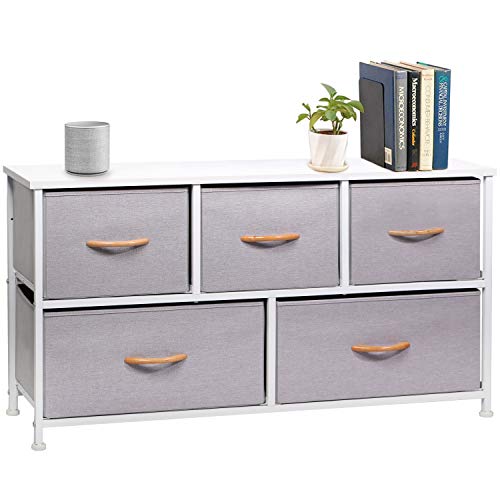 CERBIOR Wide Drawer Dresser Storage Organizer 5-Drawer Closet Shelves Sturdy Steel Frame Wood Top with Easy Pull Fabric Bins for Clothing Blankets - Light Grey