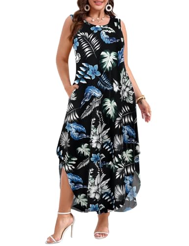 Image of JollieLovin Women Plus Size Summer Tank Maxi Dresses Sleeveless Causal V Neck Beach Long Dresses Swim Cover up (L-5X)