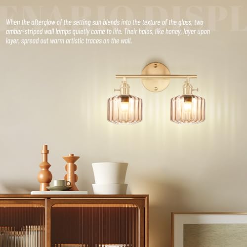 Image of Vintage Glass Wall Sconce, 2-Light Brass Gold Bathroom Lighting Fixtures Over Mirror, Ribbed Vanity Wall Light with Amber Glass Shade, E26 Base for Bedroom, Dressing Table, Hallway