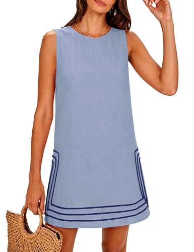 Lentta Womens Summer Boho A-Line Mini Dress Casual Color Block Crewneck Sleeveless Sundress Beach Vacation Dress(Blue-S)