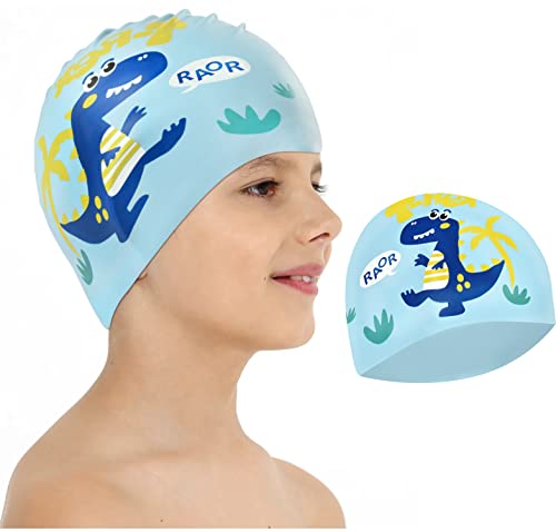 Badekappe für Kinder, Silikon Badekappe Elastischer Badekappe Dinosaurier, Unisex Badekappe Kinder Lange Haare, Schwimmkappe Kinder, Schwimmmütze Wasserdicht Schwimmhaube für Kinder Jungen