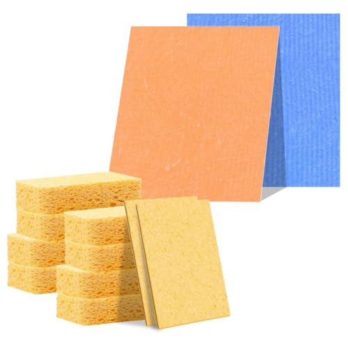 Esponjas de Lavado, 10 Paquetes de Esponjas de Limpieza Emergentes de Celulosa Natural y 2 Paquetes de Paños de Platos Pulpa de Madera Comprimida para Limpiar Sin Arañazos para el Hogar de la Cocina