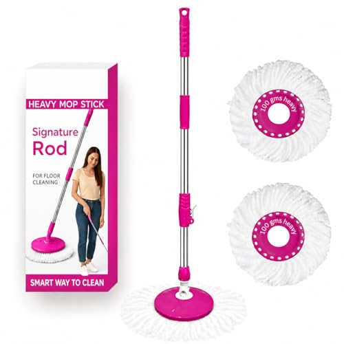 Image of Heavy Duty Stainless Steel Mop Stick with 360 Degree Swivel Head, Extendable Long Handle with 5 Yrs Warranty- Replacement Mop Pole for Floor Cleaning- (Pink-2 Heads)