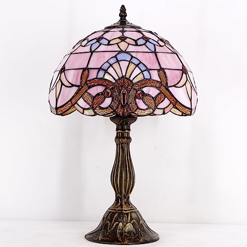Image of WERFACTORY Tiffany Lamp Bedside Pink Stained Glass Table Lamp 18 Inch Tall