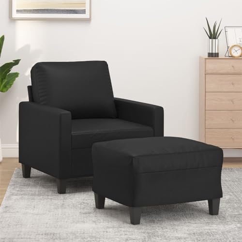 mzdioop Schwarzer Kunstleder Sessel mit Fußhocker, 60 cm breite Sitzfläche, Robustes Metallgestell, bequemes Polster für Wohnzimmer und Büro, inklusive Hocker