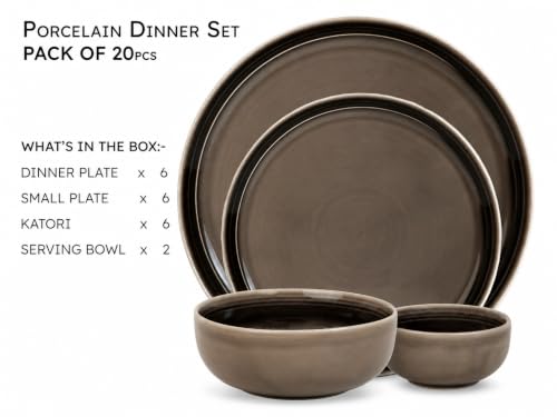 Image of Bodhi House Handcrafted Chip Resistance Porcelain Solid Dinner Set, 20 Pieces Dish Set Serving for 6, Microwave and Dishwasher Safe, Bone-Ash Free, Crockery Set for Dining and Gifting, Smoke Grey