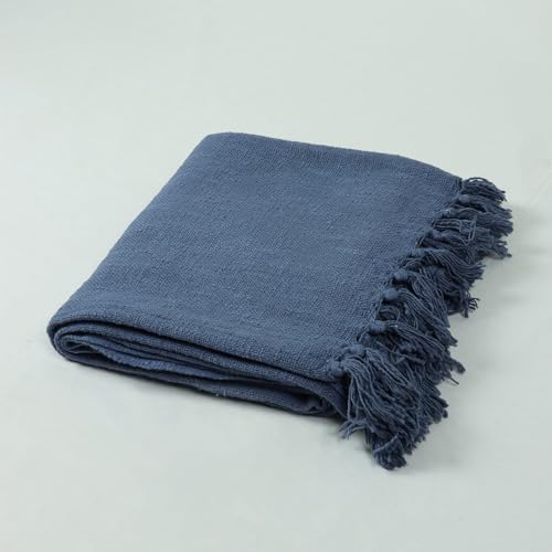Image of Cotton Jute Sofa Throw Handmade 50x60 Inch Solid Blanket for Bedroom Soft Throw for Living Room, Bed, Couch and Chair Reversible and Breathable (Blue)
