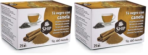 Ship - Té Negro con Canela - Caja de 25 Unidades - Propiedades Antioxidantes - Ayuda a Activar la Mente - Aporta Vitaminas y Minerales - Sabor Dulce - Sin Cafeína (Paquete de 2)