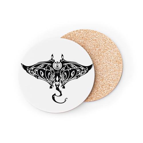 sous Verre Ronds Base Liège- Raie Manta Maori Tatouage Nouvelle-Zelande Art - 1 unité (95 x 95 mm)