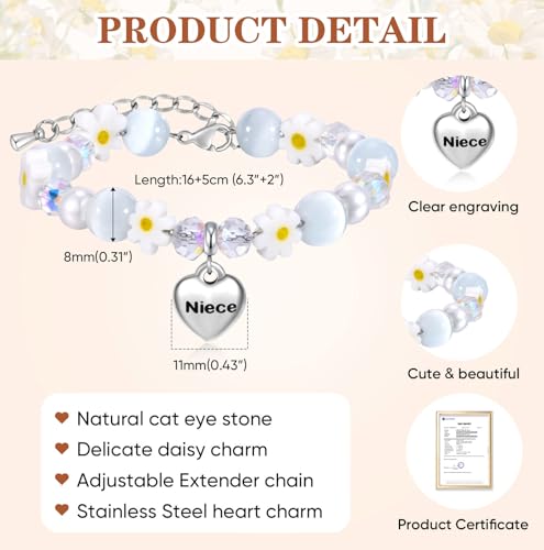 Image of MEALGUET To Niece Bracelet Gifts for Girls : Cute Daisy Flower Natural Cat Eye Stone Beaded Heart Charm Bracelets Jewelry Birthday Back to School Gift to Nieces from Aunt Auntie Uncle
