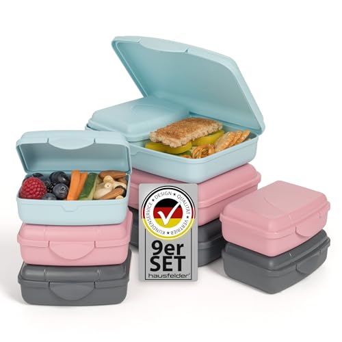 Hausfelder Brotdosen Set flach – Brotdose für Kinder und Erwachsene mit Fächern (RosePink/LimeGreen/SlateGrey, 9er Set)
