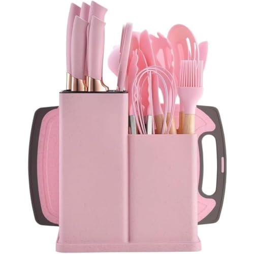 QeMiyg シリコン製 キッチンツール 19点セット こびりつきにくい 調理用ヘラほか 収納ラック付き 調理器具セット 黒 アップグレード 料理初心者・新生活向け (アップグレード,ピンク)