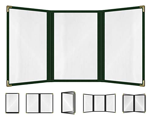 Goodsmart Restaurant Menu Covers – 25 Pack Green 6-View Trifold 8.5" x 11", Side-Loading Vinyl &amp; Plastic Menu Holders, Clear Menu Sleeves, Leather-Style Café Covers with Gold Corners