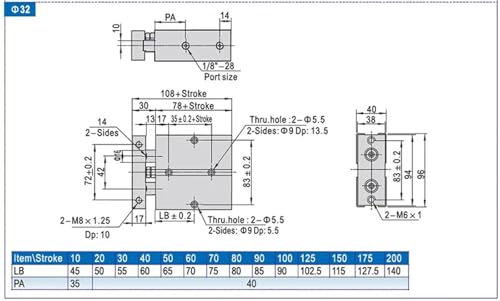 Vérin pneumatique TN20X175 à double tige et double essieu guide