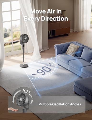 DREO Fan for Bedroom, 90° Oscillating Standing Fan, 20dB Quiet, 90ft Pedestal Fans for Room Office, DC Motor, 8+H Speeds, 3 Modes, 38-42'' Adjustable Height, Remote, 8H Timer, 105° Manual Vertical — view 4
