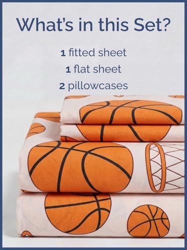 Image of Kids Queen Basketball Hoops Bed Sheets - 4 Piece Basketball Hoops Sheet Set | Basketball Hoops Themed Bedding, Ultra-Soft, Cute & Cozy, Breathable & Machine Washable, Bed Set for Boys, Girls & Teens