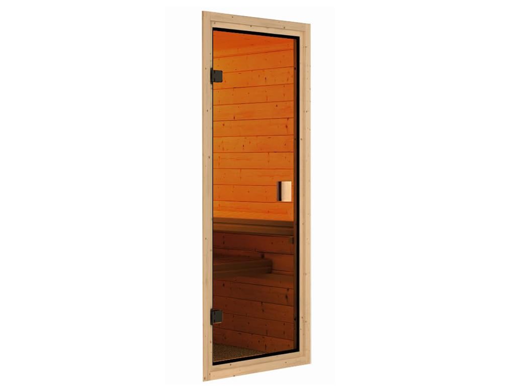 KARIBU Elementsauna Celine 4 Fichte Natur 68 mm, Innensauna für 2 3 Personen, Systembauweise mit bronzierter Ganzglastür, 3 Liegen, Ofenschutzgitter, Innenmaße 196x196x198 cm, Ohne Dachkranz
