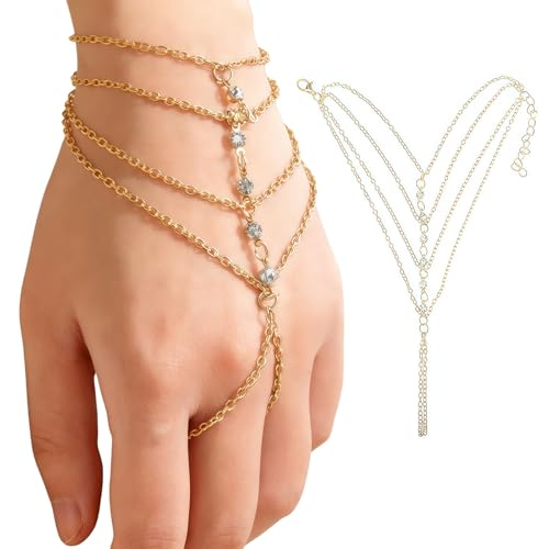THXFUNAREA Bracelet de Main en Or avec Anneau - Bijou pour Costume de Voyante Femme - Accessoire Oriental Mille et Une Nuits pour Carnaval, Style Bohème...